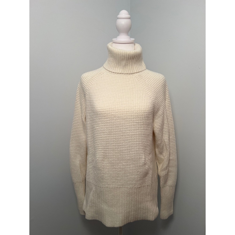LL Bean Signature Waffle Knit Turtleneck Sweater Cream Ivory Side Zip Medium